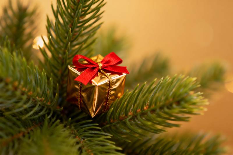 圣诞树上的金色礼物盒图片