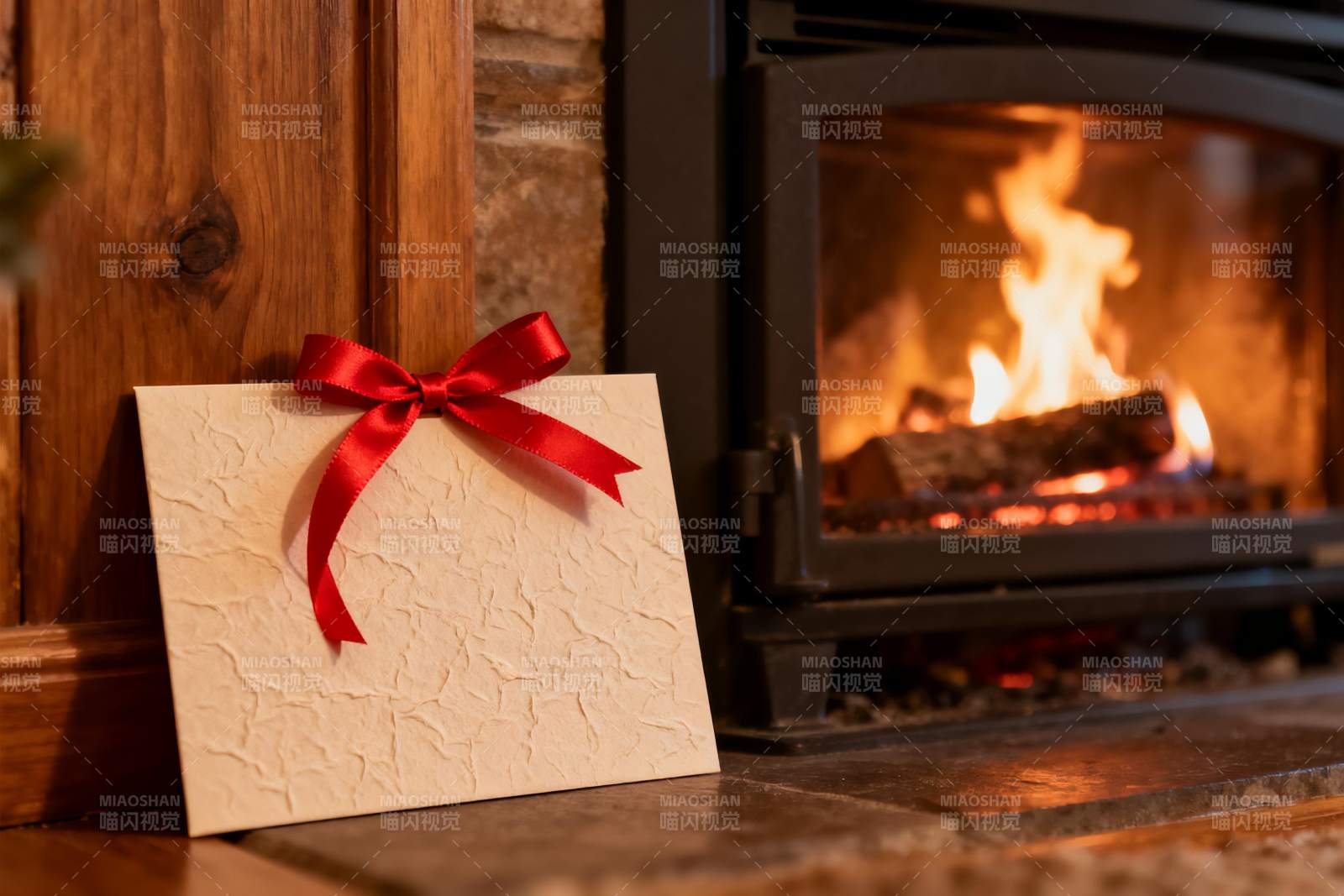 壁炉旁的红色丝带贺卡图片