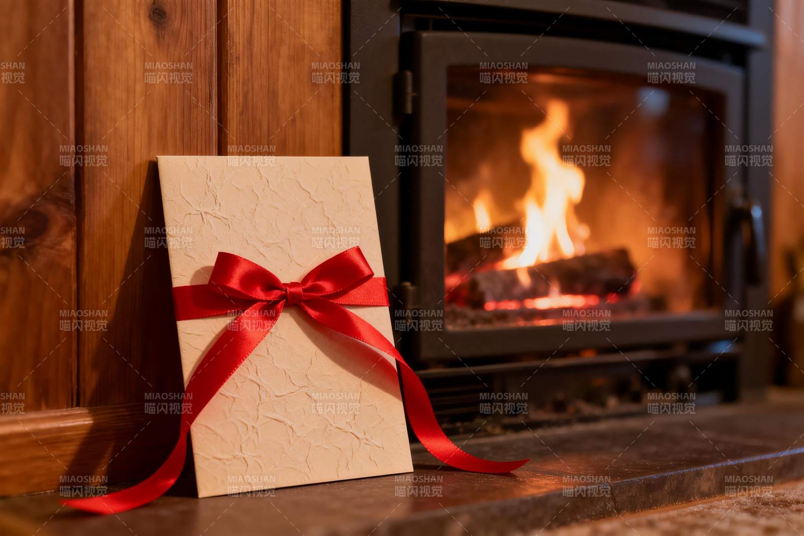 壁炉旁的红色丝带礼物图片