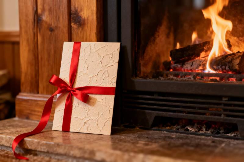 壁炉旁的红色丝带礼物图片
