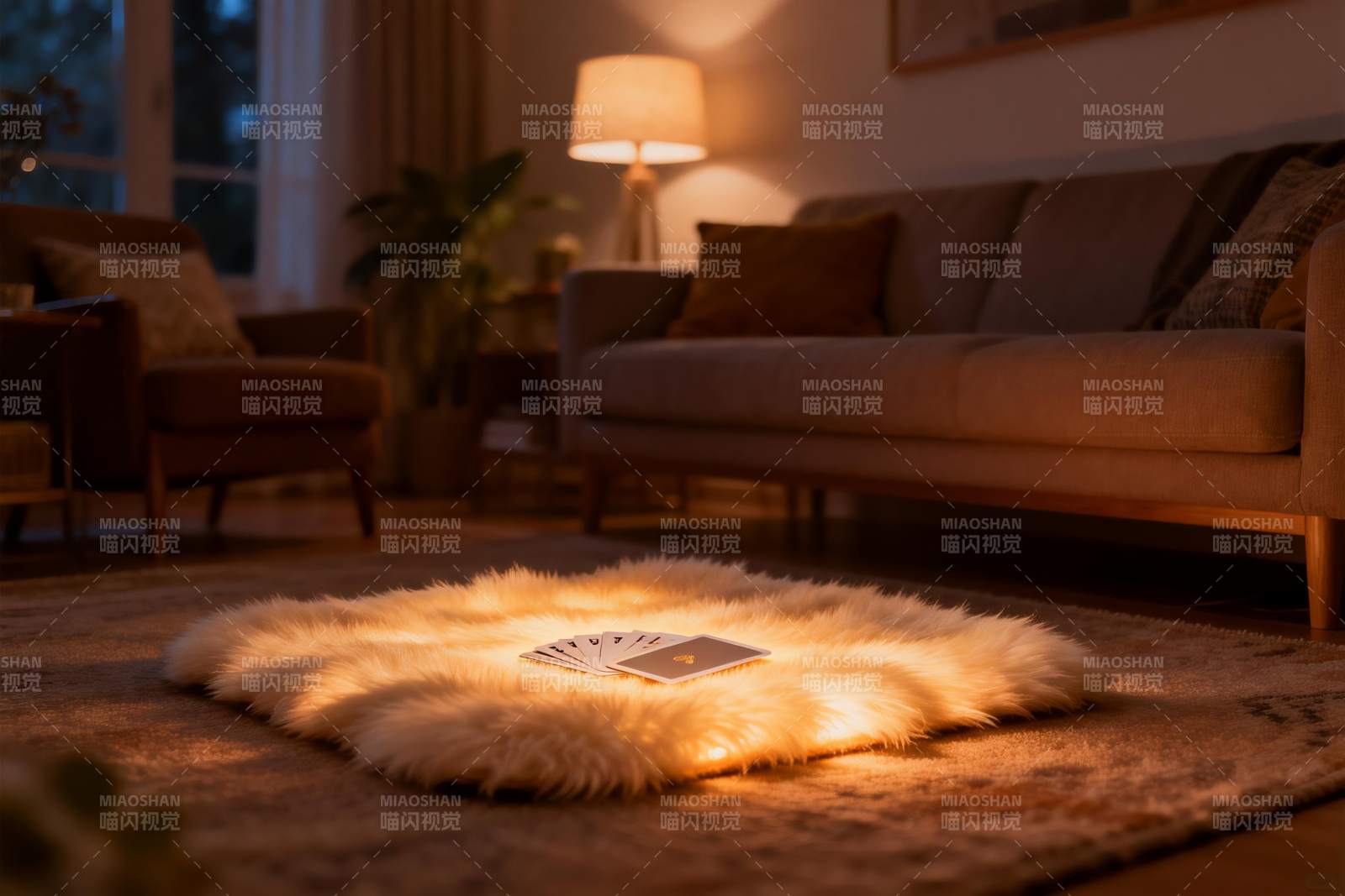 温馨客厅地毯上的卡片与灯光图片