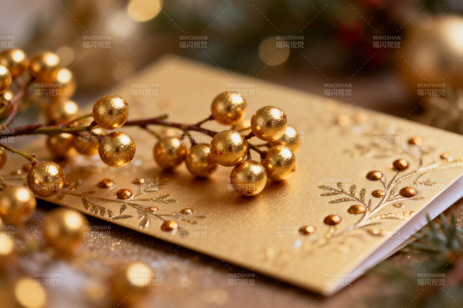 金色圣诞贺卡与装饰果实图片