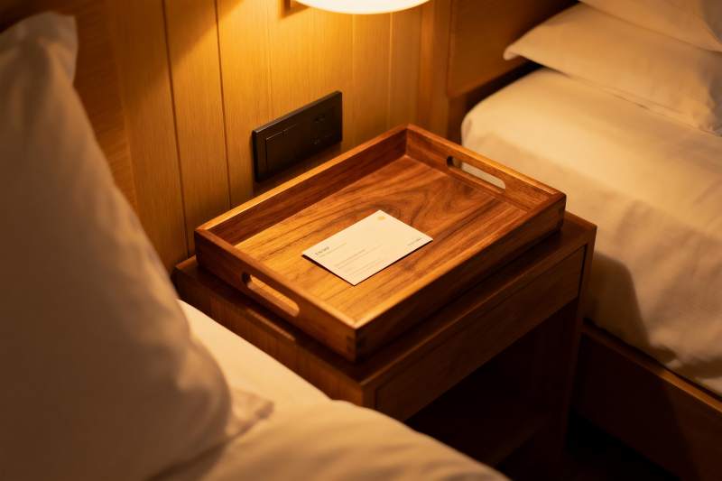 温馨卧室床头木质托盘图片