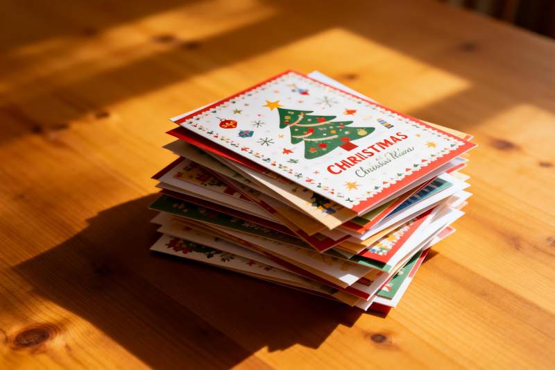圣诞贺卡堆叠木质桌面图片
