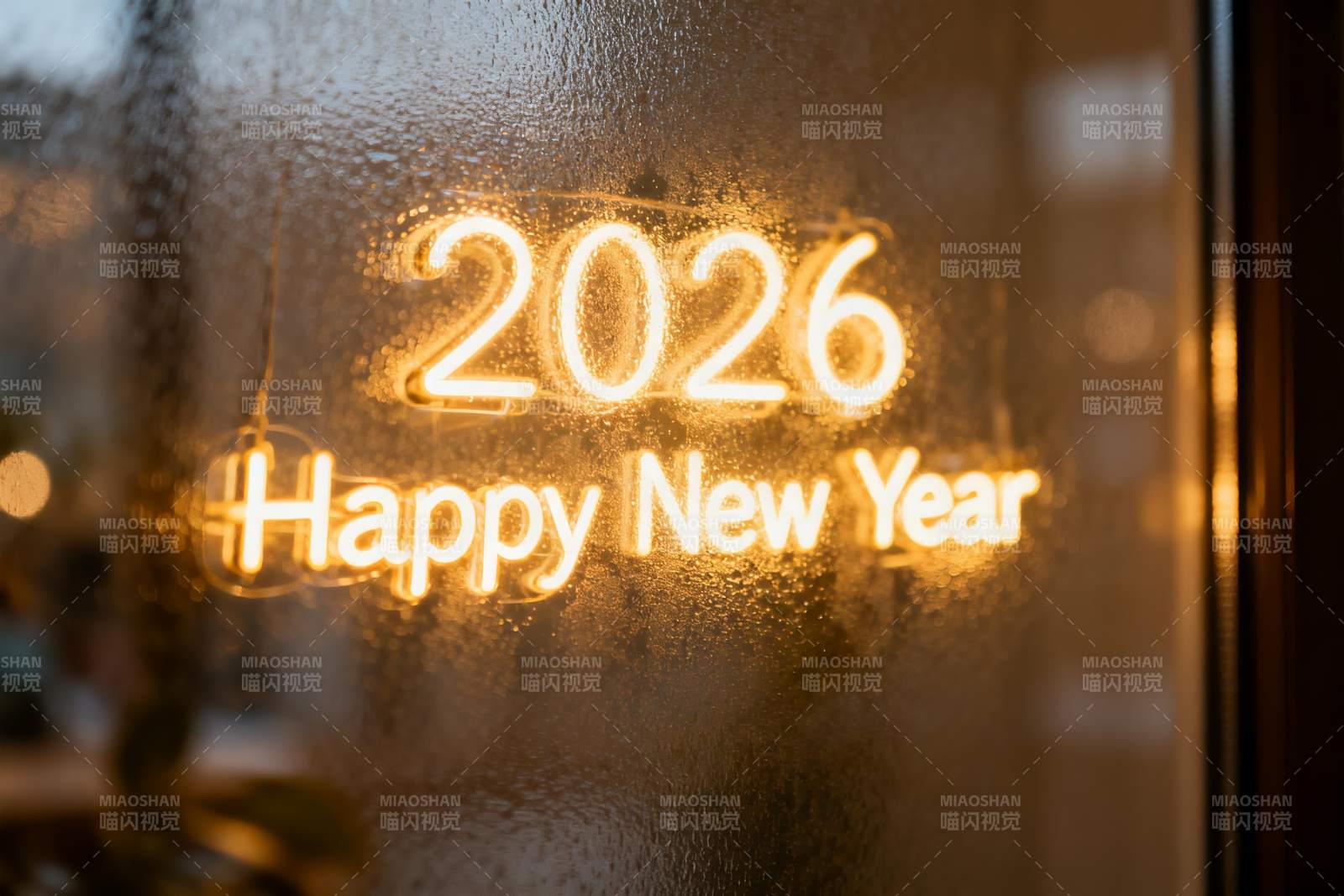 新年霓虹灯装饰玻璃窗图片