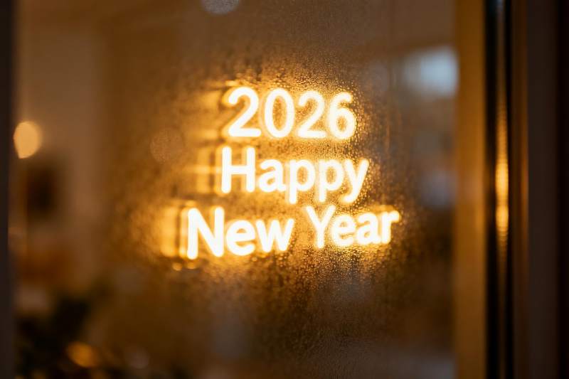 玻璃上的新年祝福灯光图片