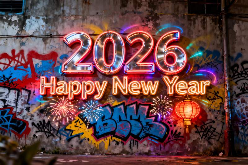 霓虹灯新年涂鸦墙夜景图片