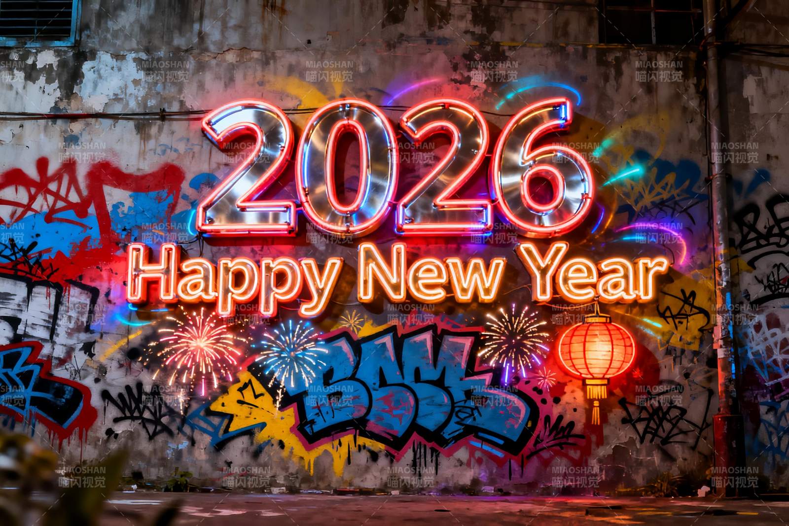 霓虹灯新年涂鸦墙夜景图片