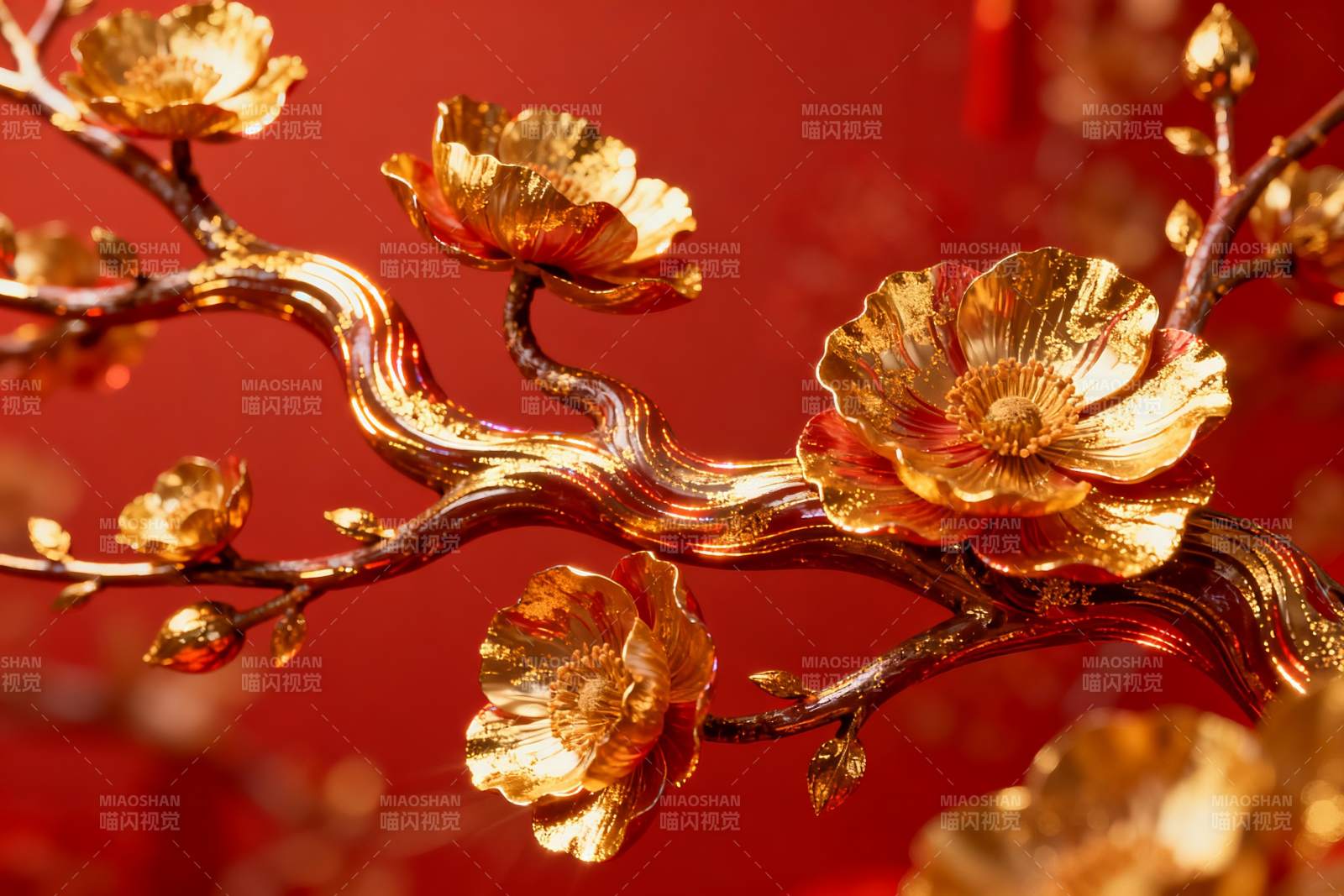 金色花枝绽放红背景图片