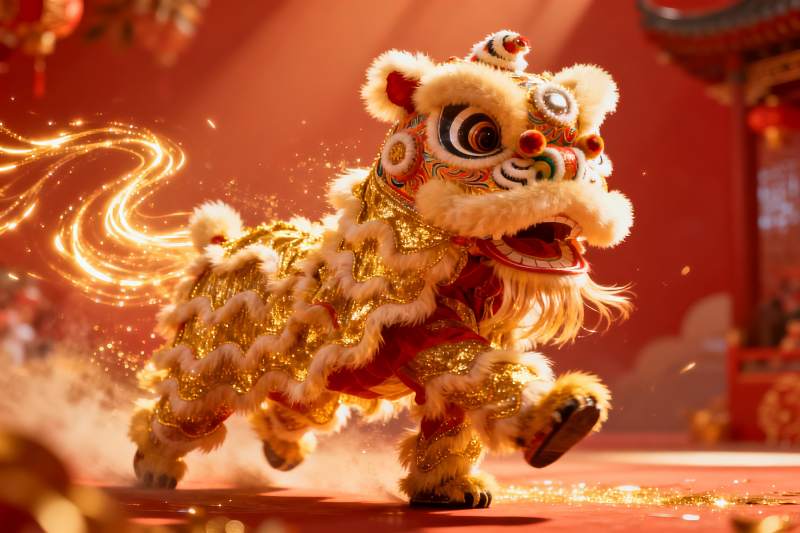 金色舞狮表演生动震撼图片