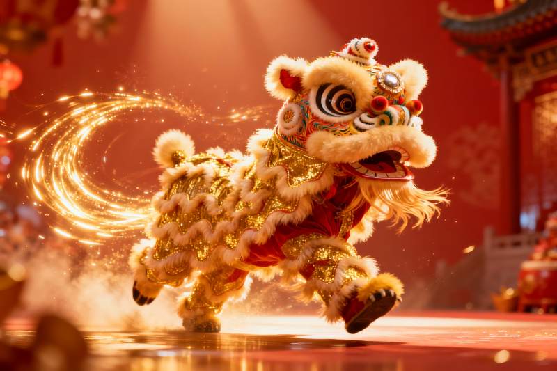 金色舞狮表演光影璀璨图片