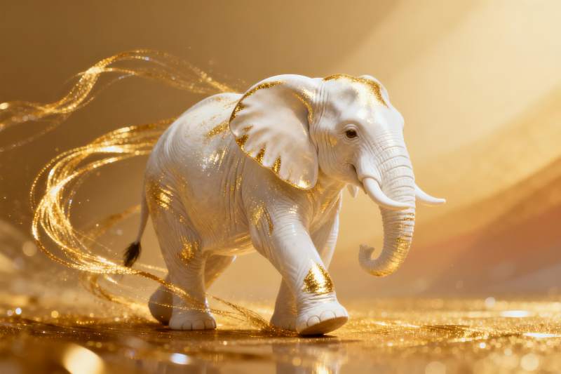 金色背景中的白色大象雕像图片