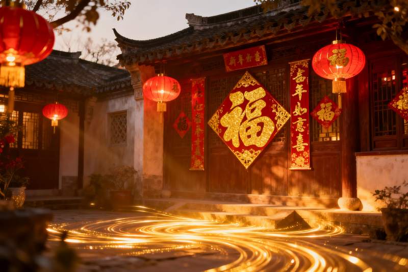 古建筑挂红灯笼迎新春图片