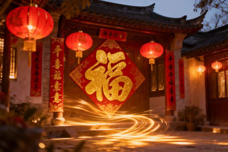 古建筑前挂红灯笼新年装饰图片