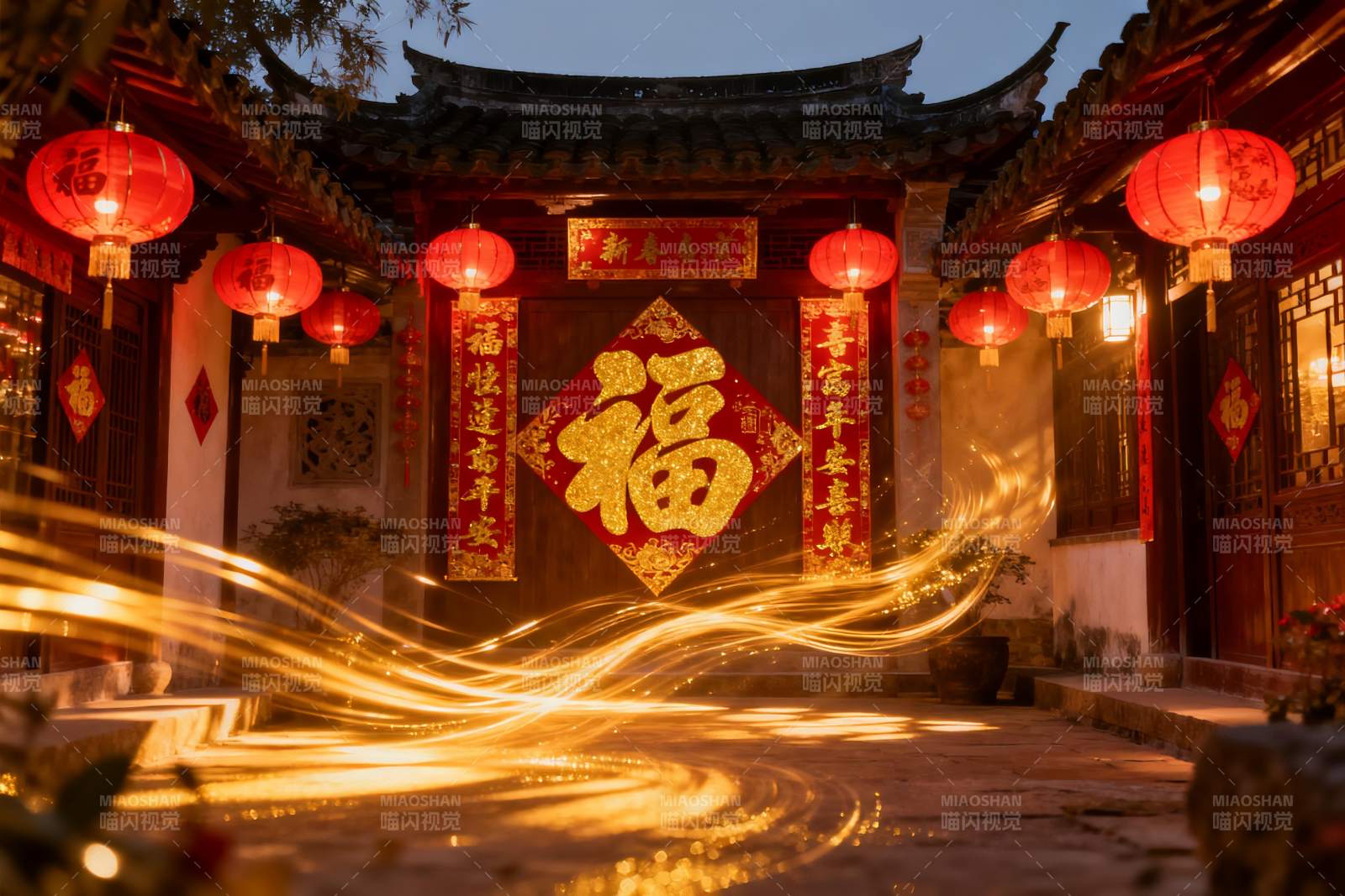 古建筑夜景灯笼福字图片