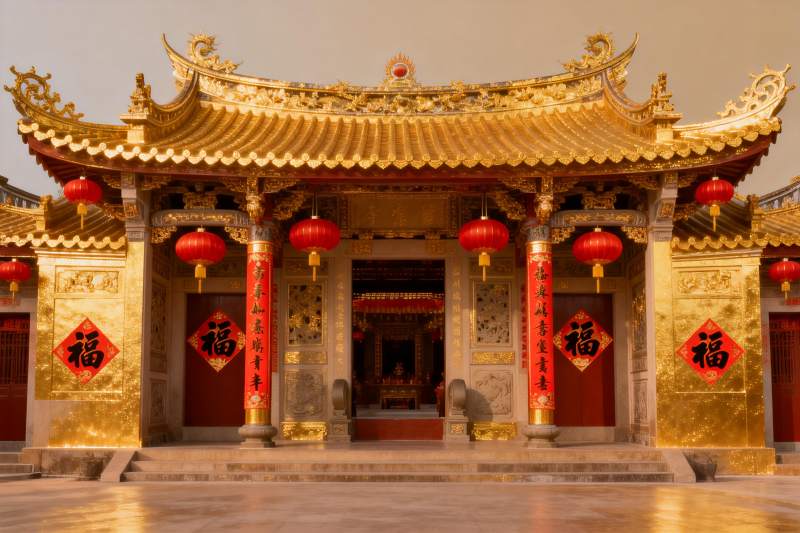 金色寺庙建筑与红色灯笼图片