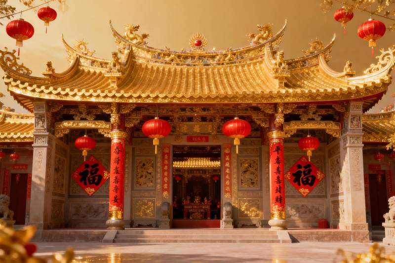 金色庙宇红灯笼高挂图片