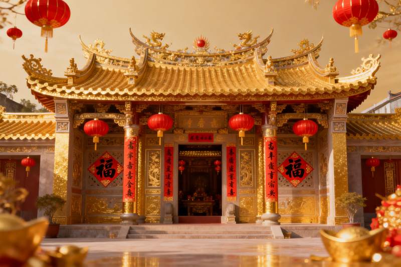 金色寺庙建筑与红色灯笼图片