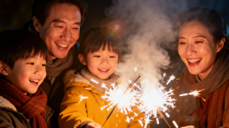 全家欢庆烟花夜图片