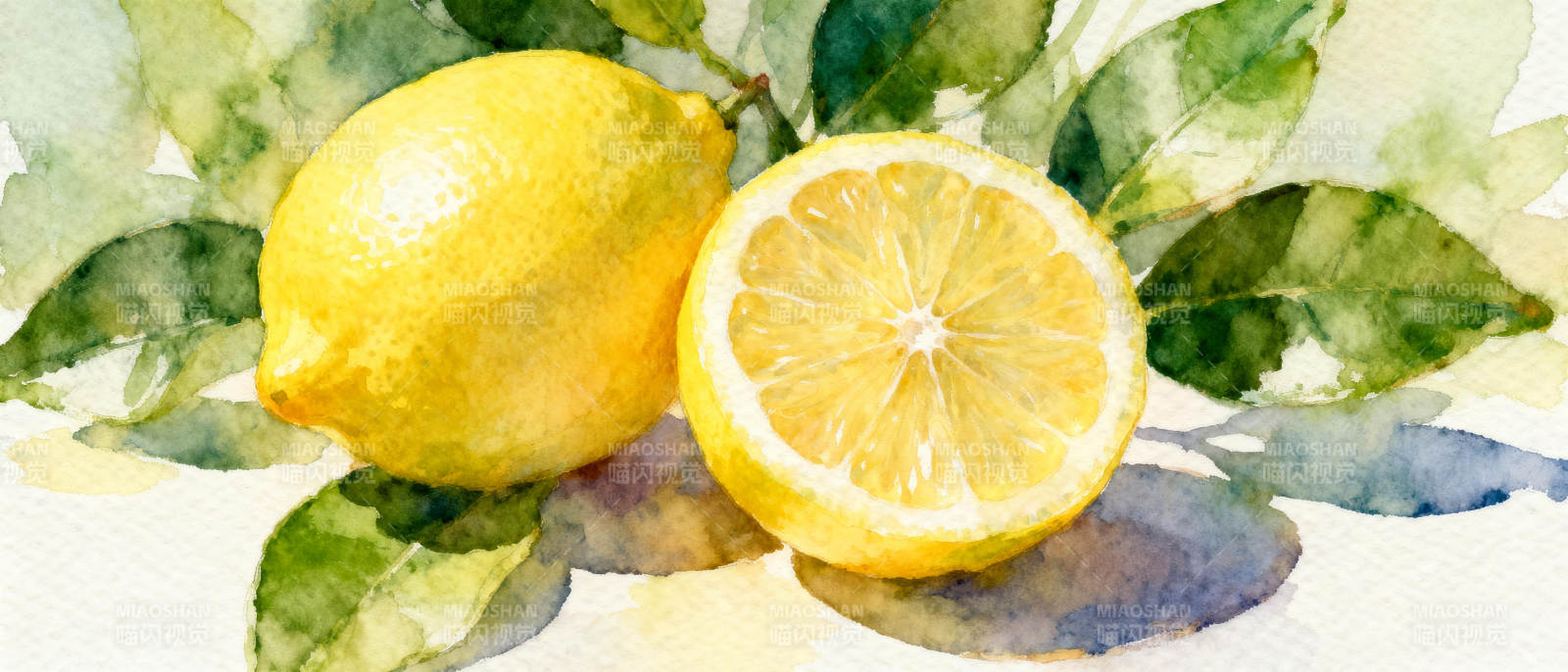 柠檬与绿叶水彩画图片