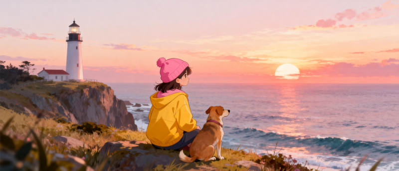 夕阳下的灯塔与狗图片