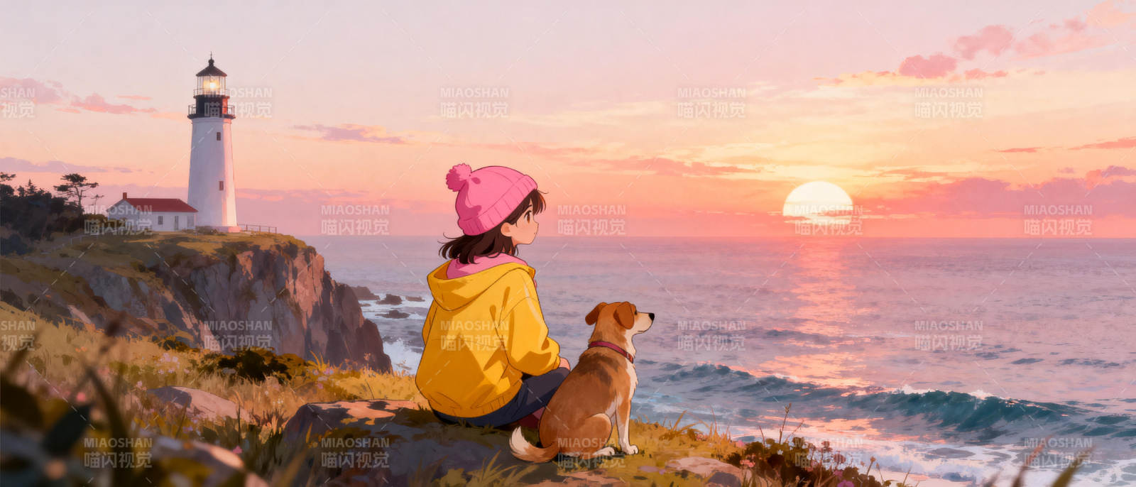 夕阳下的灯塔与狗图片