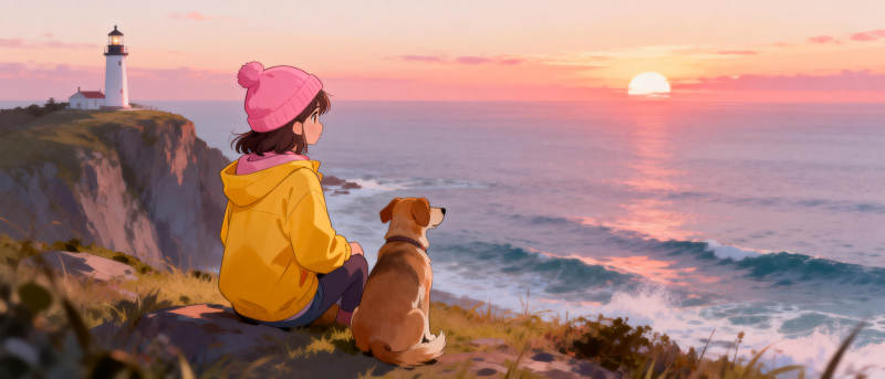 夕阳下的海景陪伴图片