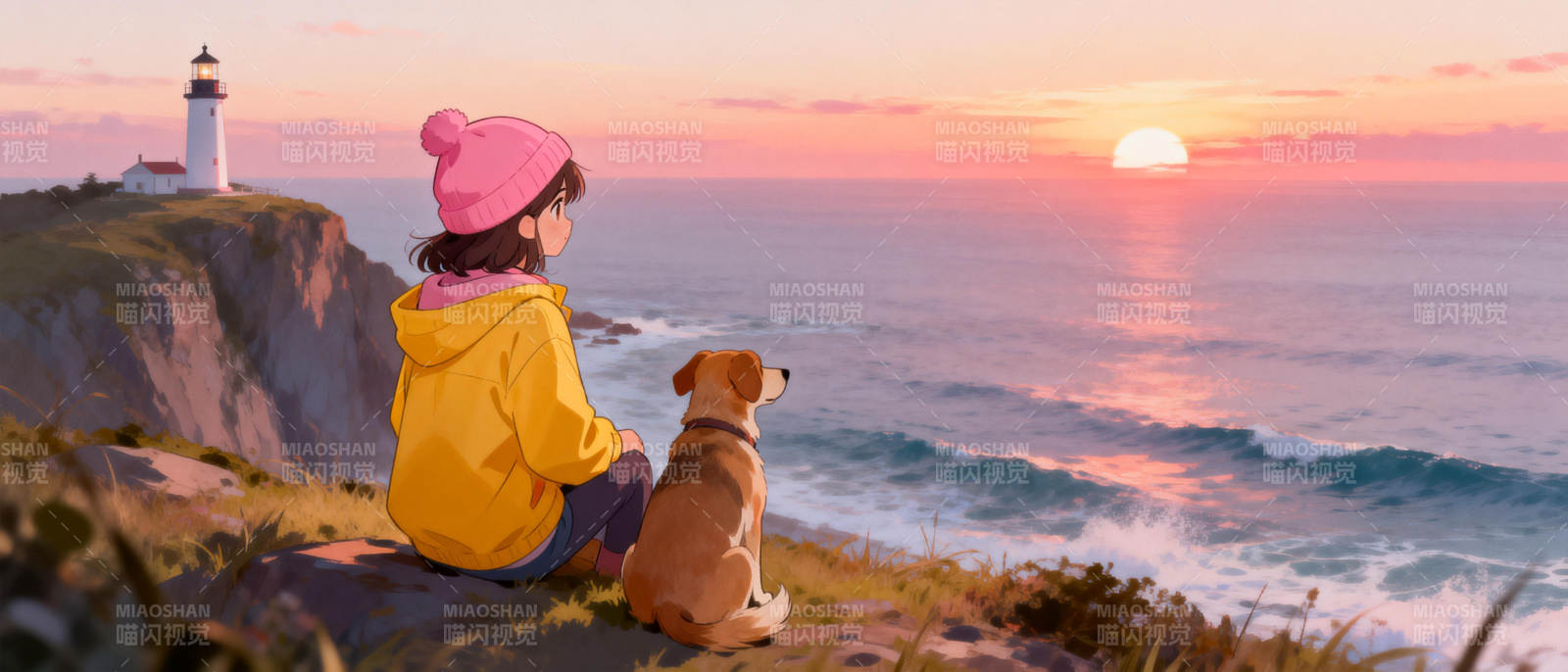 夕阳下的海景陪伴图片