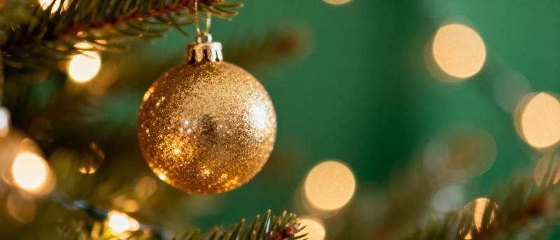 金色圣诞球挂枝头图片