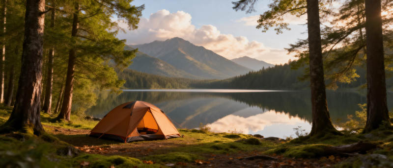 湖畔露营静谧山景图片