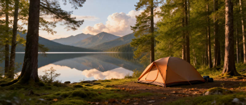 湖畔露营静谧美景图片