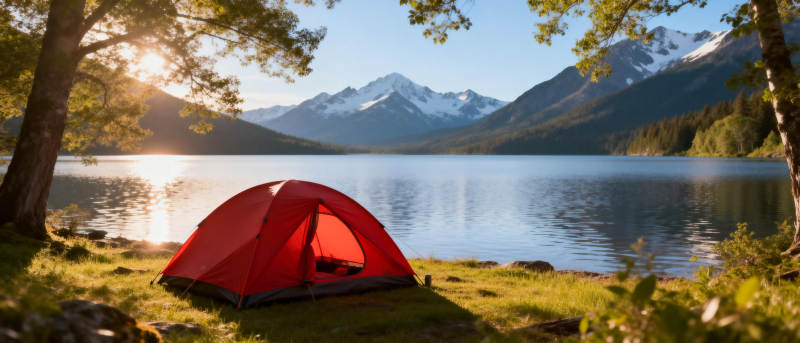 湖畔露营 山景如画图片