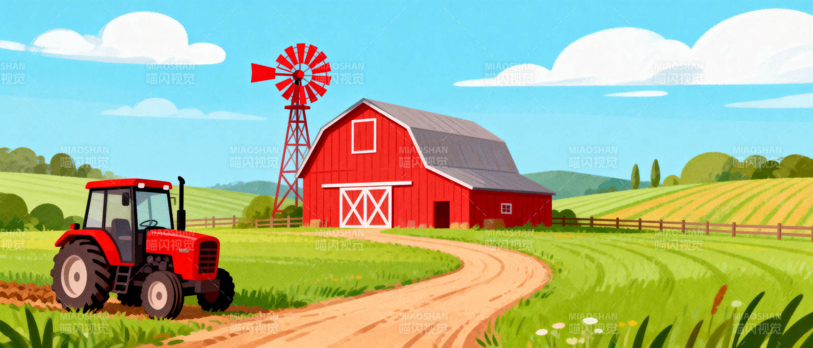 田园风光 红屋风车图片