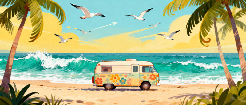 海滩上的彩色房车图片