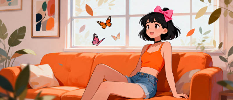 秋日沙发上的女孩图片