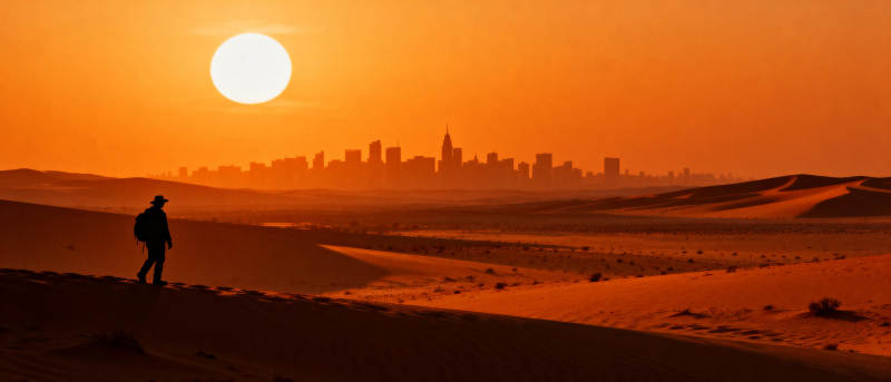 沙漠日落城影图片