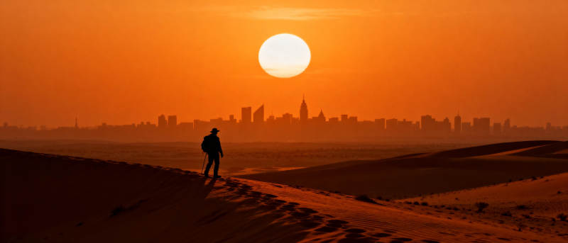 沙漠日落行者图片