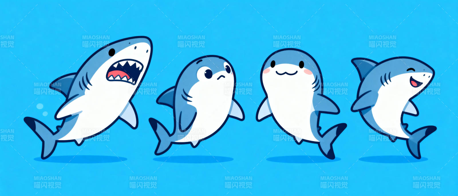 四只可爱鲨鱼图片