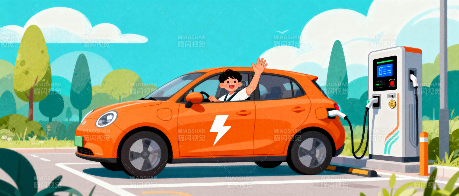 充电中的橙色电动车图片