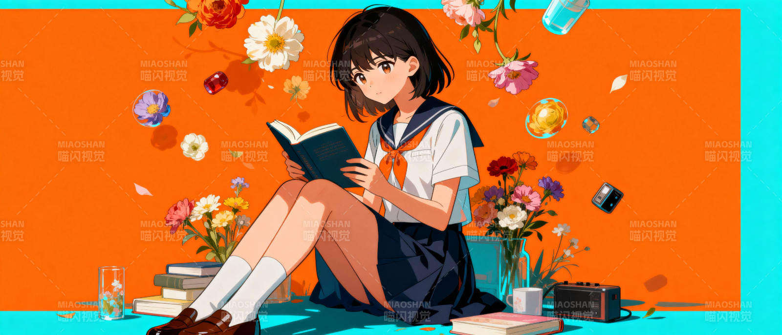 少女读书花雨中图片