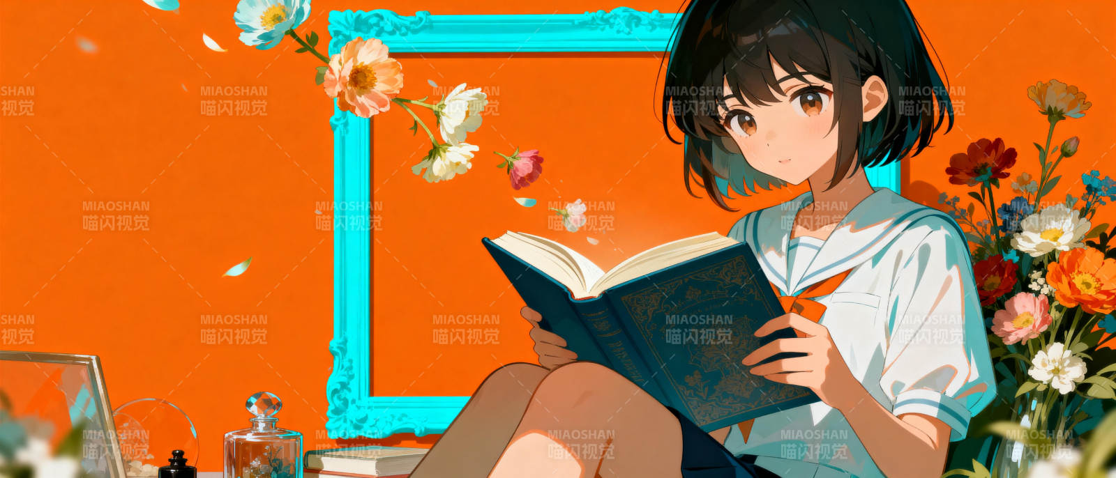 花间读书少女图片