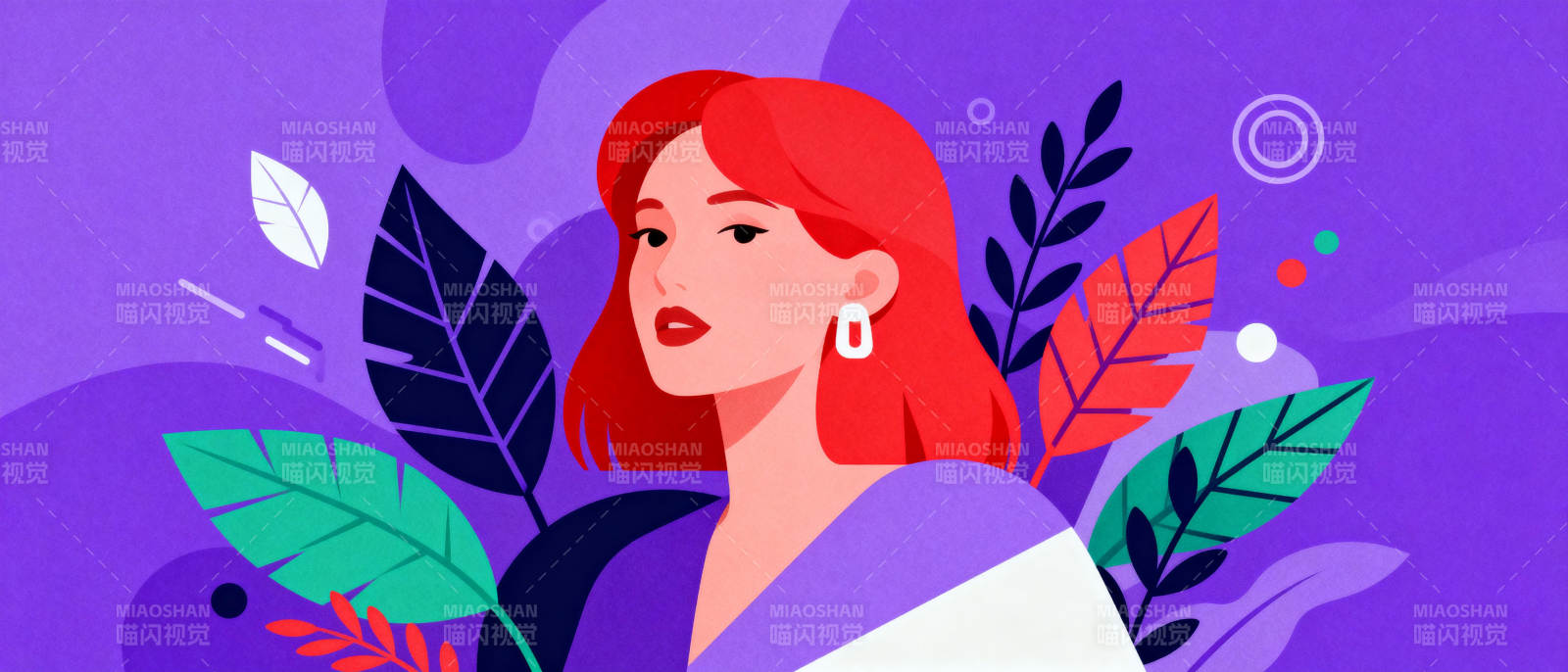 红发女子与绿叶图片