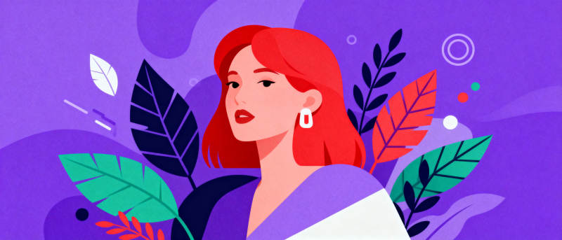 红发女子与绿叶图片