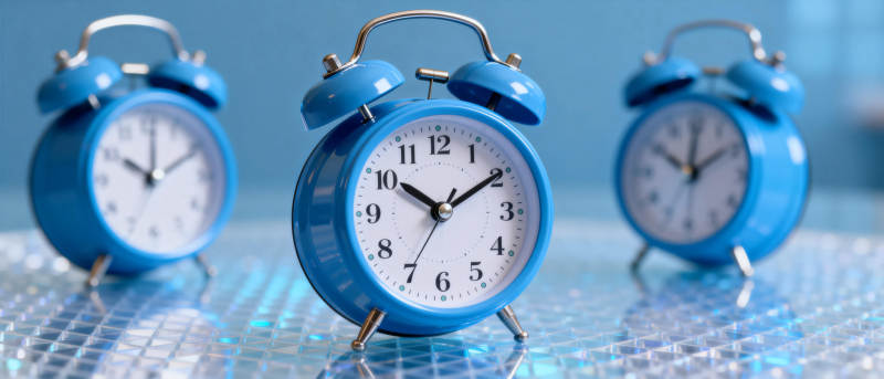 蓝色闹钟静置桌面图片