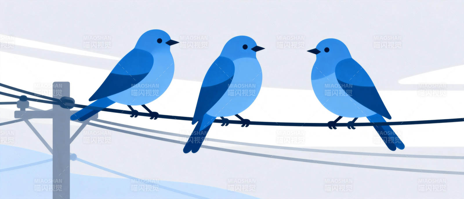 三只蓝鸟栖电线图片