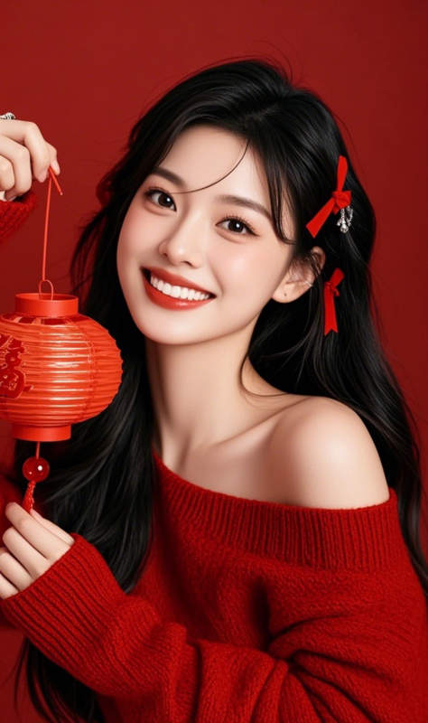 红衣女子手持灯笼图片