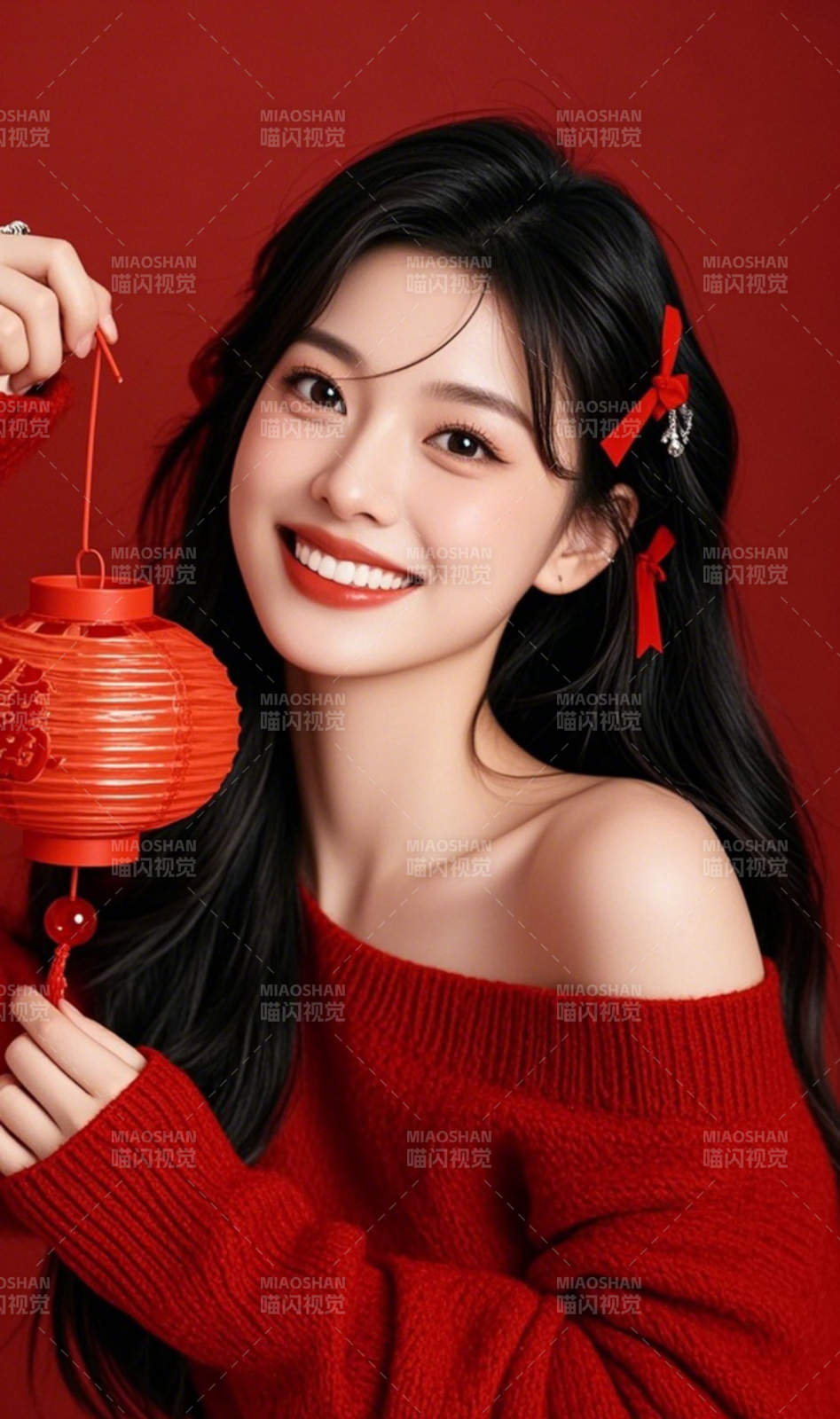 红衣女子手持灯笼图片