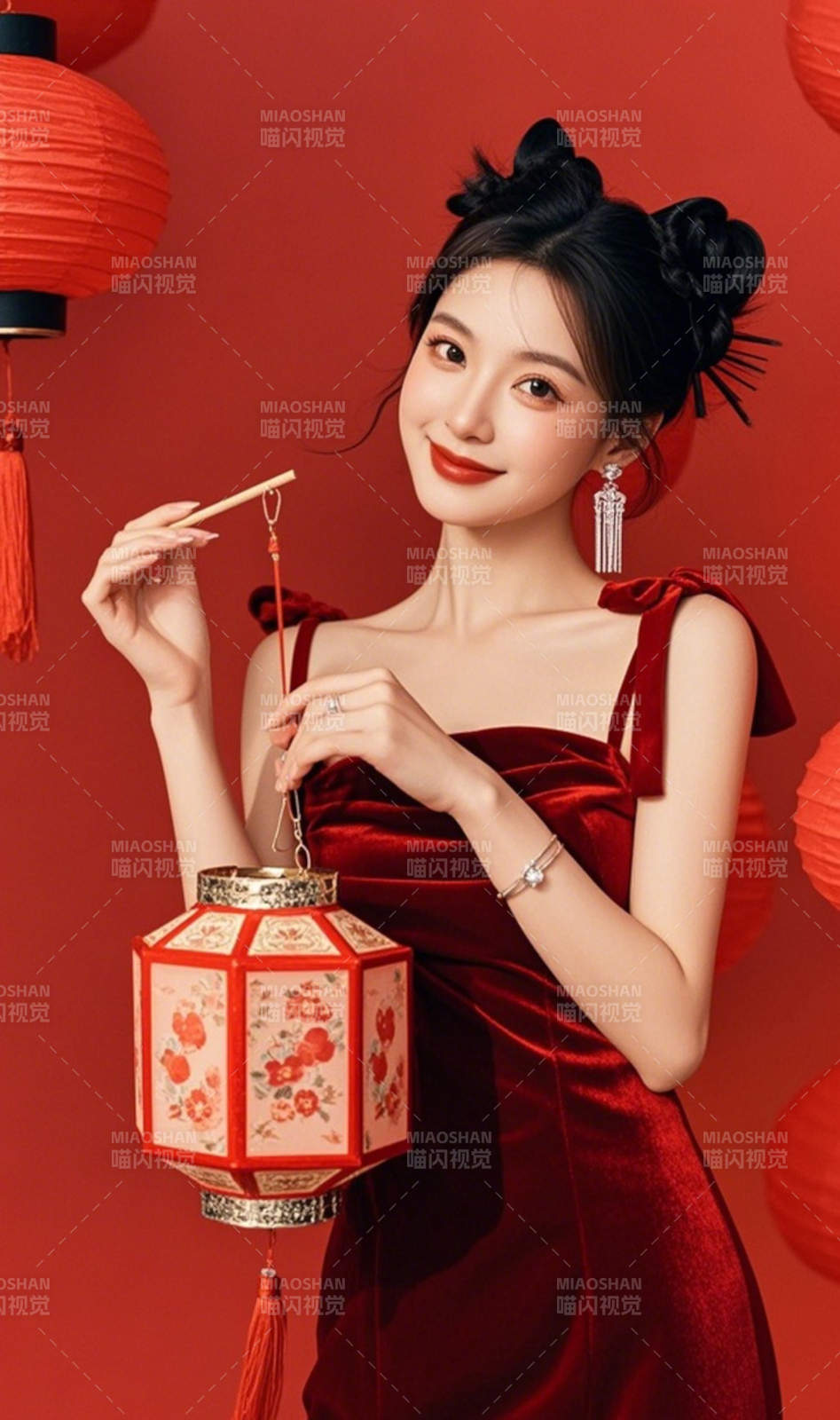 红衣女子提灯笼图片