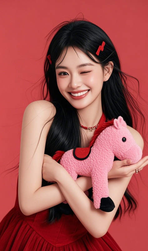 红裙少女抱粉马图片