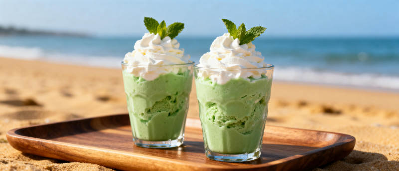 沙滩上的抹茶甜品图片